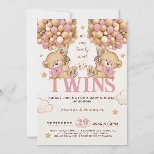 Bear Balloons Bearly Wait Zwei Baby Girl Dusche Einladung (Vorderseite)