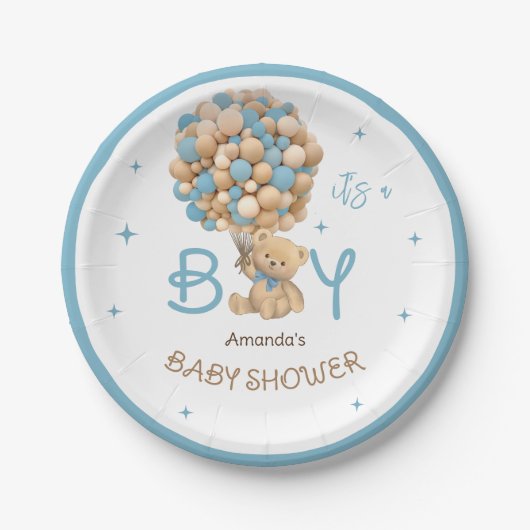 Bear Balloons Blue Beige Baby Boy Dusche Pappteller (Vorderseite)