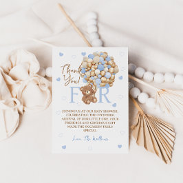 Bear Balloons Blue Gold Baby Dusche Dankeskarte