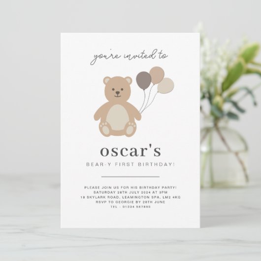 Bear Balloons Einladung zum ersten Geburtstag (Stehend Vorderseite)