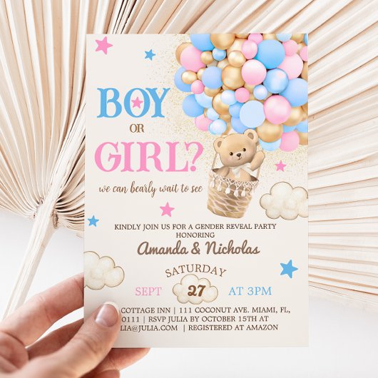 Bear Balloons Gender Reveal Einladung