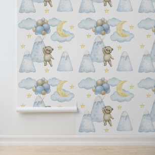 Bear Balloons Mountain Moon Star Clouds Baby Boy Tapete
