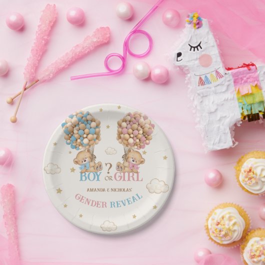 Bear Balloons Pink Blue Boho Gender Reveal Pappteller (Party)