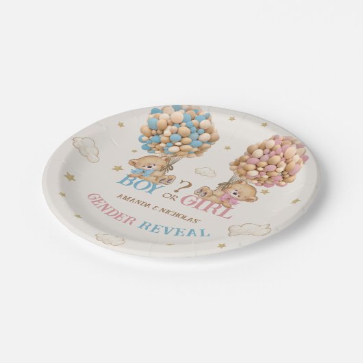 Bear Balloons Pink Blue Boho Gender Reveal Pappteller (Schrägansicht)