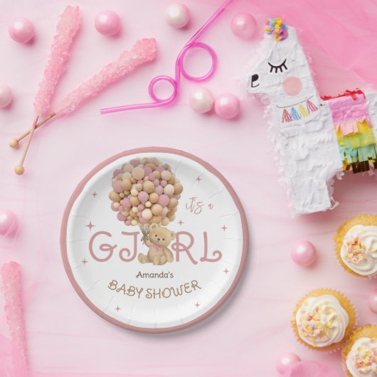 Bear Balloons Pink Boho Baby Girl Dusche Pappteller (Party)