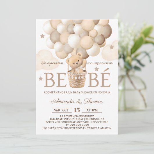 Bear Balloons Spanische Babydusche Einladung (Stehend Vorderseite)