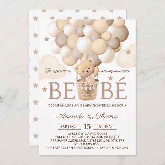 Bear Balloons Spanische Babydusche Einladung (Vorne/Hinten)