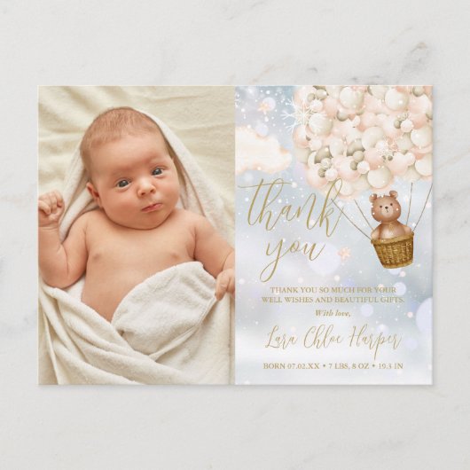 Bear Balloons Vielen Dank Winter Baby Foto Birth Ankündigungspostkarte (Vorderseite)