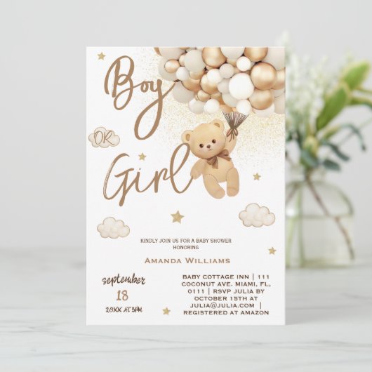 Bear Balloons voarly Wait Gender Reveal Einladung (Stehend Vorderseite)