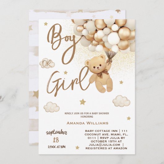 Bear Balloons voarly Wait Gender Reveal Einladung (Vorne/Hinten)