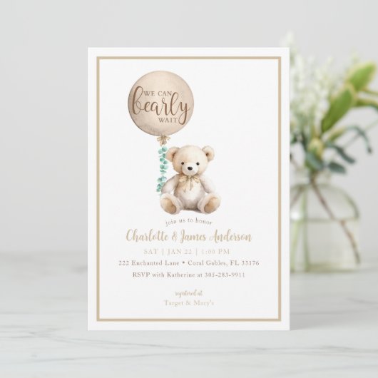 Bear Bear Baby Shower Einladung Barly Wait Brown T (Stehend Vorderseite)