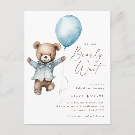 Bear Bear Boys Baby Shower Einladung abwarten Postkarte (Vorderseite)