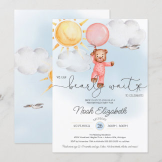 Bear Bear Pink Ballon Erster Geburtstag Einladung