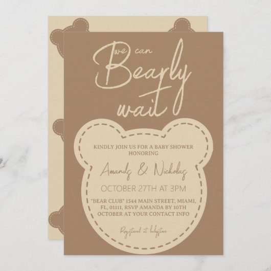 Bear Bearly Wait Moderne Elfenbeinbraun Baby Dusch Einladung (Vorne/Hinten)
