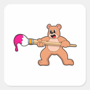 Bear beim Malen mit Pinsel und Farbe Quadratischer Aufkleber