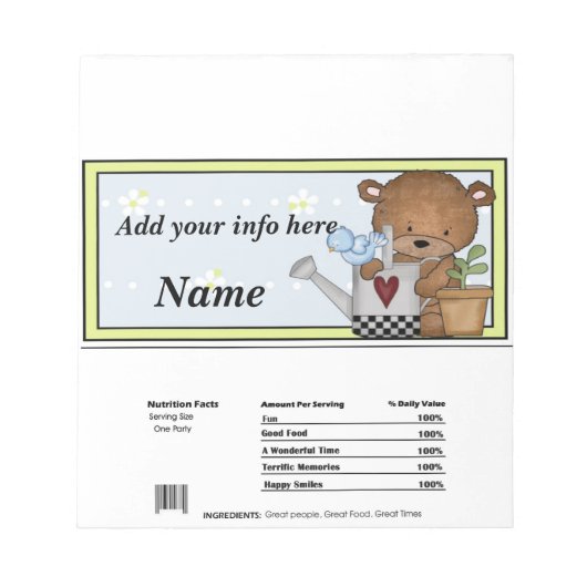 Bear Birthday Shower Candy Bar Wrapper Gastgeschen Notizblock (Vorderseite)