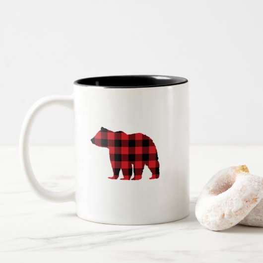 Bear Black Silhouette Buffalo Karo Zweifarbige Tasse (Mit Donut)