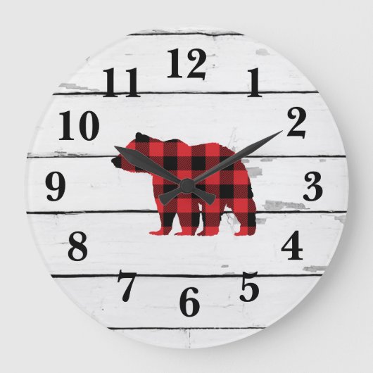 Bear Black Silhouette Shiplap Buffalo Karo Große Wanduhr (Vorderseite)