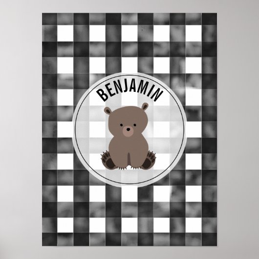 Bear Black + White Gingham Baby Kinderzimmer Poster (Vorne)