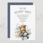 Bear Blue Baby Dusche mit einem Flugzeug warten Einladung (Vorne/Hinten)
