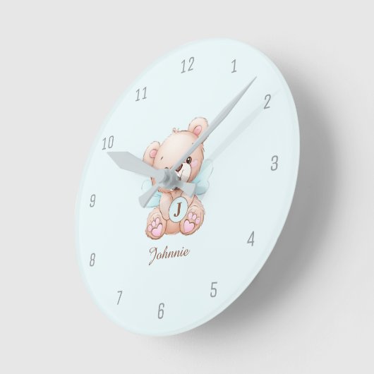 Bear Blue Baby Monogram Add Name Wall Clock Runde Wanduhr (Winkel)