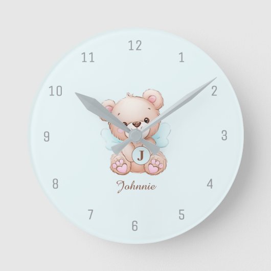 Bear Blue Baby Monogram Add Name Wall Clock Runde Wanduhr (Vorderseite)
