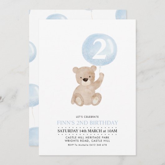 Bear Blue Ballon 2. Geburtstag Einladung (Vorne/Hinten)