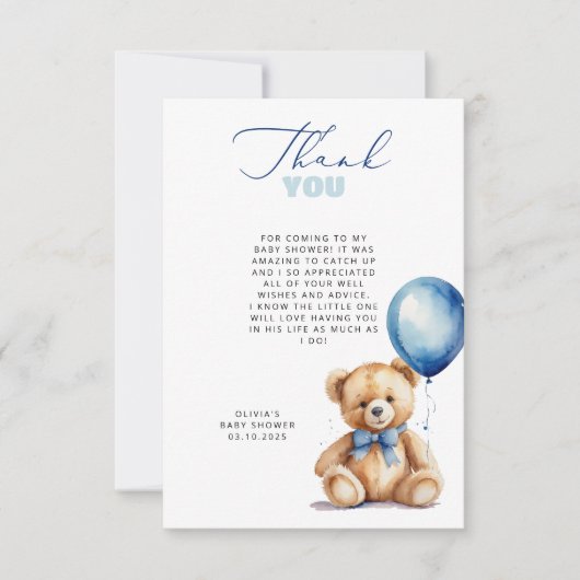 Bear Blue Balloon Baby Dusche Danke Karte (Vorderseite)