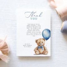 Bear Blue Balloon Baby Dusche Danke Karte