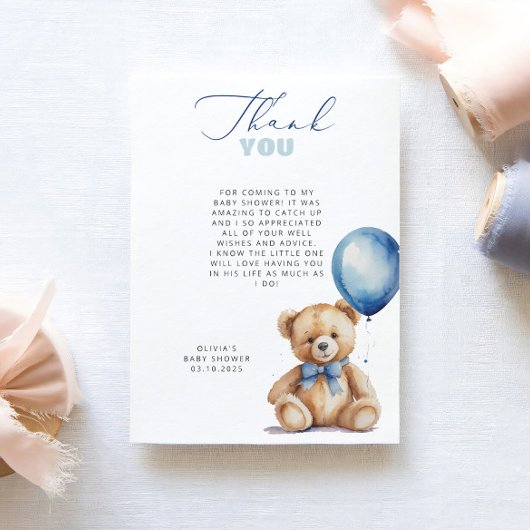 Bear Blue Balloon Baby Dusche Danke Karte