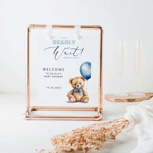 Bear Blue Balloon Baby Dusche Willkommen Poster