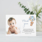 Bear Blue Balloons Baby Foto Danke Karte (Stehend Vorderseite)
