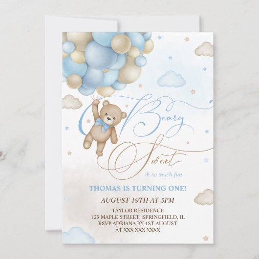 Bear Blue Boy 1. Geburtstag Einladung (Vorderseite)