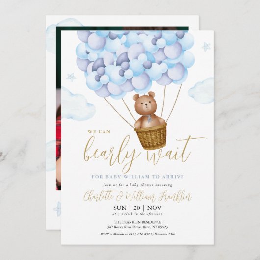 Bear Blue Boy Foto Babydusche Einladung (Vorne/Hinten)