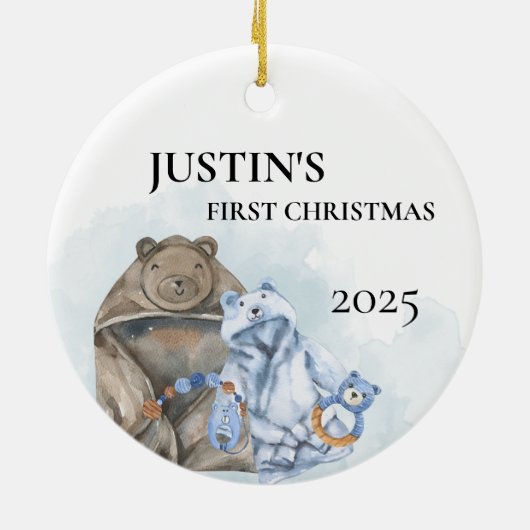 Bear Blue Boy Kleidung Wasserfarbe Erste Weihnacht Keramik Ornament (Hinten)