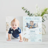 Bear Blue Flugzeug Time Fliegt ein 1. Geburtstag F Einladung (Stehend Vorderseite)