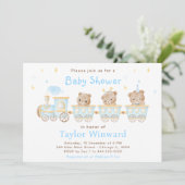 Bear Blue Train Baby Dusche Einladung (Stehend Vorderseite)