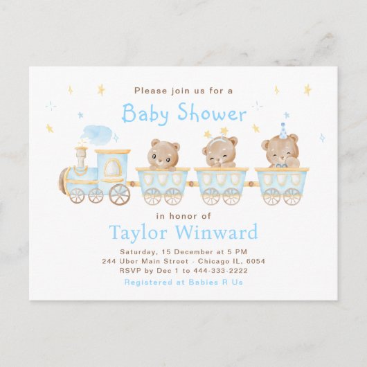Bear Blue Train Baby Dusche Postkarte (Vorderseite)