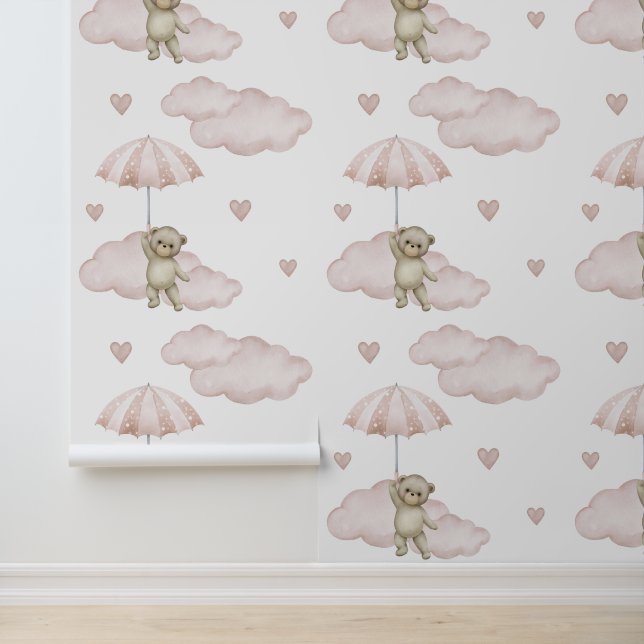 Bear Blush Pink Regenschirmwolken Herzchen Baby Gi Tapete (Anwendung)