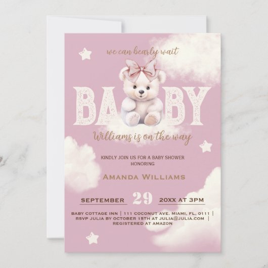 Bear Bow Baby Girl Shower Einladung abwarten (Vorderseite)
