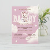 Bear Bow Baby Girl Shower Einladung abwarten (Stehend Vorderseite)