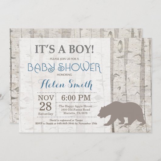 Bear Boy Baby Dusche Einladung rustikales Wald (Vorne/Hinten)