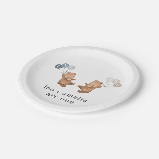 Bear Boy Girl Twins - Joint 1st Birthday Pappteller (Schrägansicht)