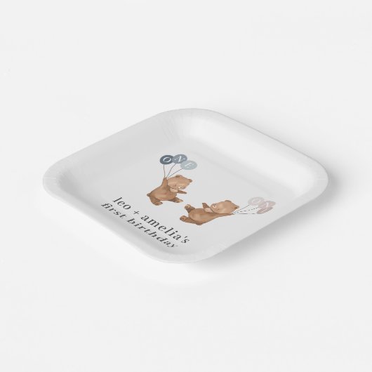 Bear Boy Girl Twins - Joint 1st Birthday Pappteller (Gewinkelt)