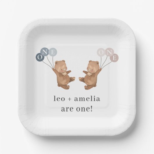 Bear Boy Girl Twins - Joint 1st Birthday Pappteller (Vorderseite)