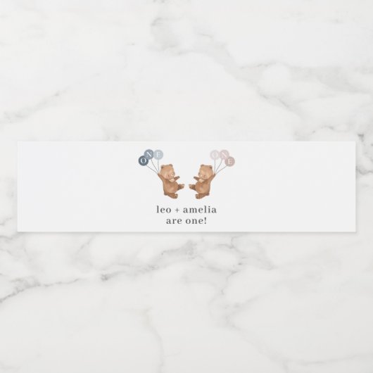 Bear Boy Girl Twins - Joint 1st Birthday Wasserflaschenetikett (Einzelnes Label)