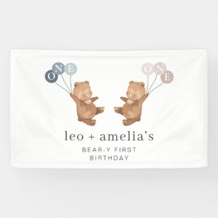 Bear Boy Girl Twins - Joint 1st Birthday Welcome Banner