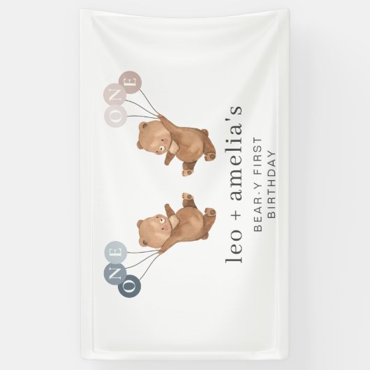 Bear Boy Girl Twins - Joint 1st Birthday Welcome Banner (Vertikal)