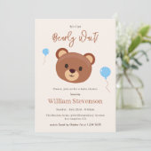 Bear Brown Blue Boy Baby Showdusche Einladung (Stehend Vorderseite)