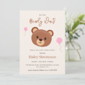 Bear Brown Pink Girl Babydusche Einladung (Stehend Vorderseite)